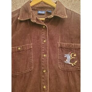 Disney Pooh Corduroy Shirt Adult L Brown Embroidered Winnie Eeyore Button Up